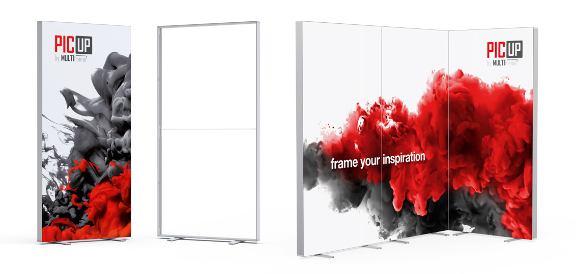 PICUP,mobiles messe display stoff,stoff messewand werkzeuglos,faltbarer textilrahmen,textilspannrahmen beidseitig,raumteiler textilrahmen messe,mobile messewand mit transportkoffer,textil display mit systemverbinder,schneller Motivwechsel mit Kedertechnik