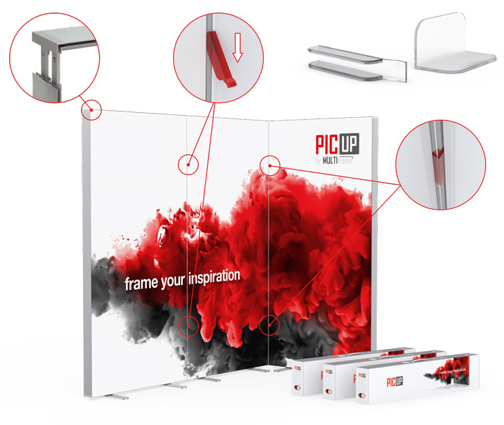 PICUP,mobiles messe display stoff,stoff messewand werkzeuglos,faltbarer textilrahmen,textilspannrahmen beidseitig,raumteiler textilrahmen messe,mobile messewand mit transportkoffer,textil display mit systemverbinder,schneller Motivwechsel mit Kedertechnik