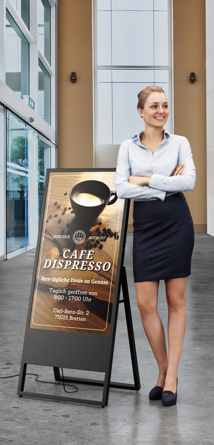 Digitale Displays,DIGIUP,Digitaler Kundenstopper,Digitaler Plakataufsteller,Elektronischer Kundenstopper,Digital Signage Display,Mobiler Werbebildschirm,Digitaler Gehwegaufsteller,DIGIUP Stand,DIGIUP Stele,DIGIUP Desk