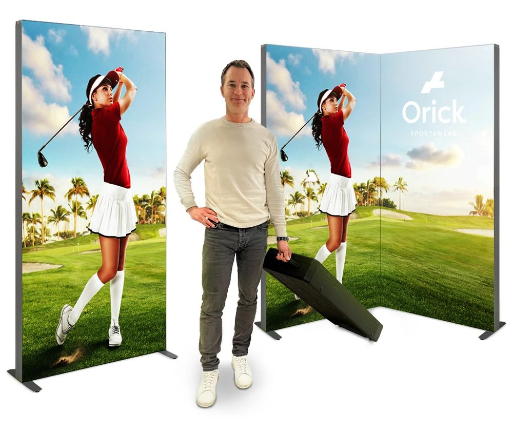 Expolinc LED-Rahmendisplay,expolinc light frame mini,mobiler Leuchtrahmen doppelseitig,Textilspannrahmen LED mobil,LED Messewand werkzeuglos,LED B1 Textildruck