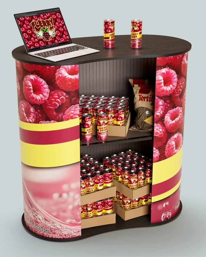 Himbeer-Energydrink-Stand mit Laptop und Dosen