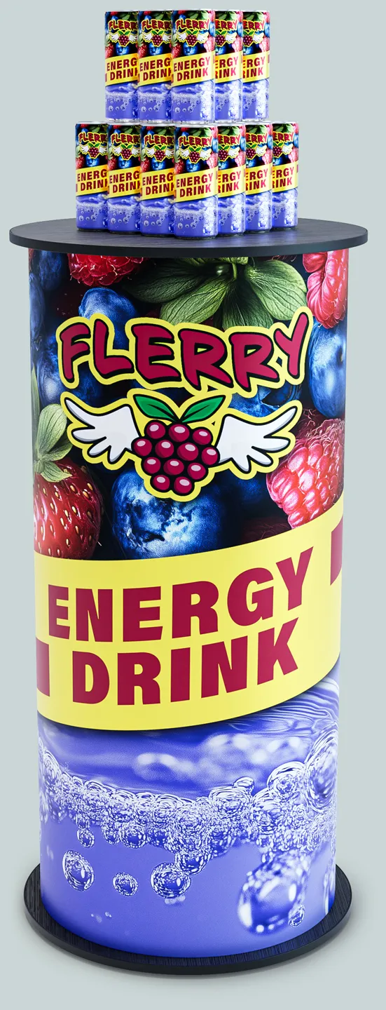 Präsentations-Podest Pedestal Counter mit Flerry-Energy-Drink-Dosen