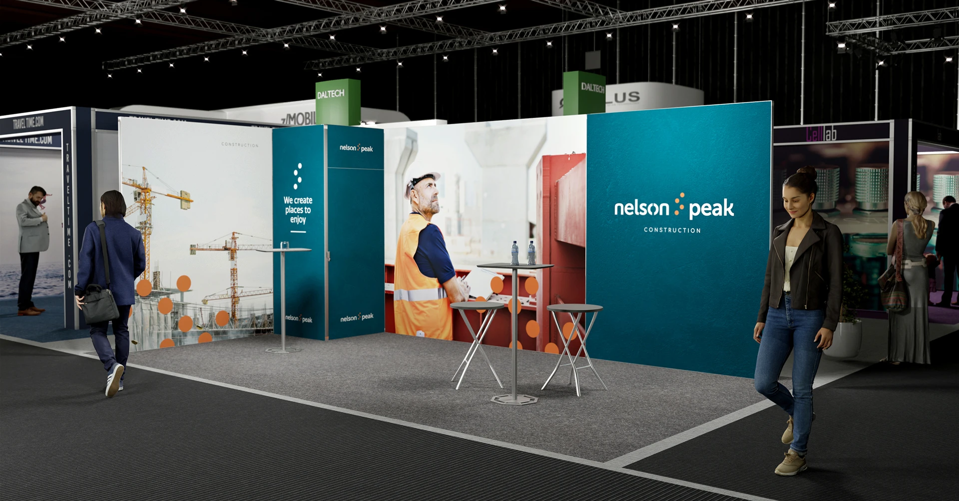 Messestand mit Bauarbeiter- und Unternehmenslogos.