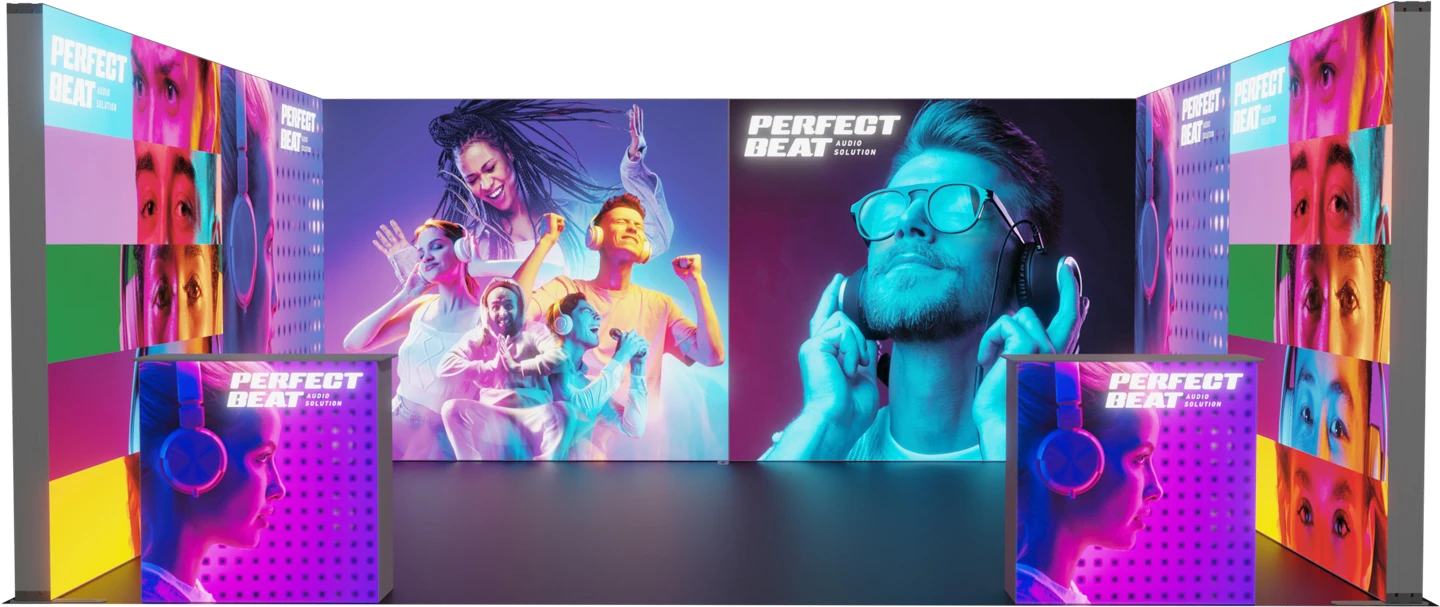 Bunte Werbeanzeige für Kopfhörer, Menschen genießen Musik.