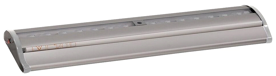 Schmale silberne LED-Leuchte mit transparentem Abschnitt.