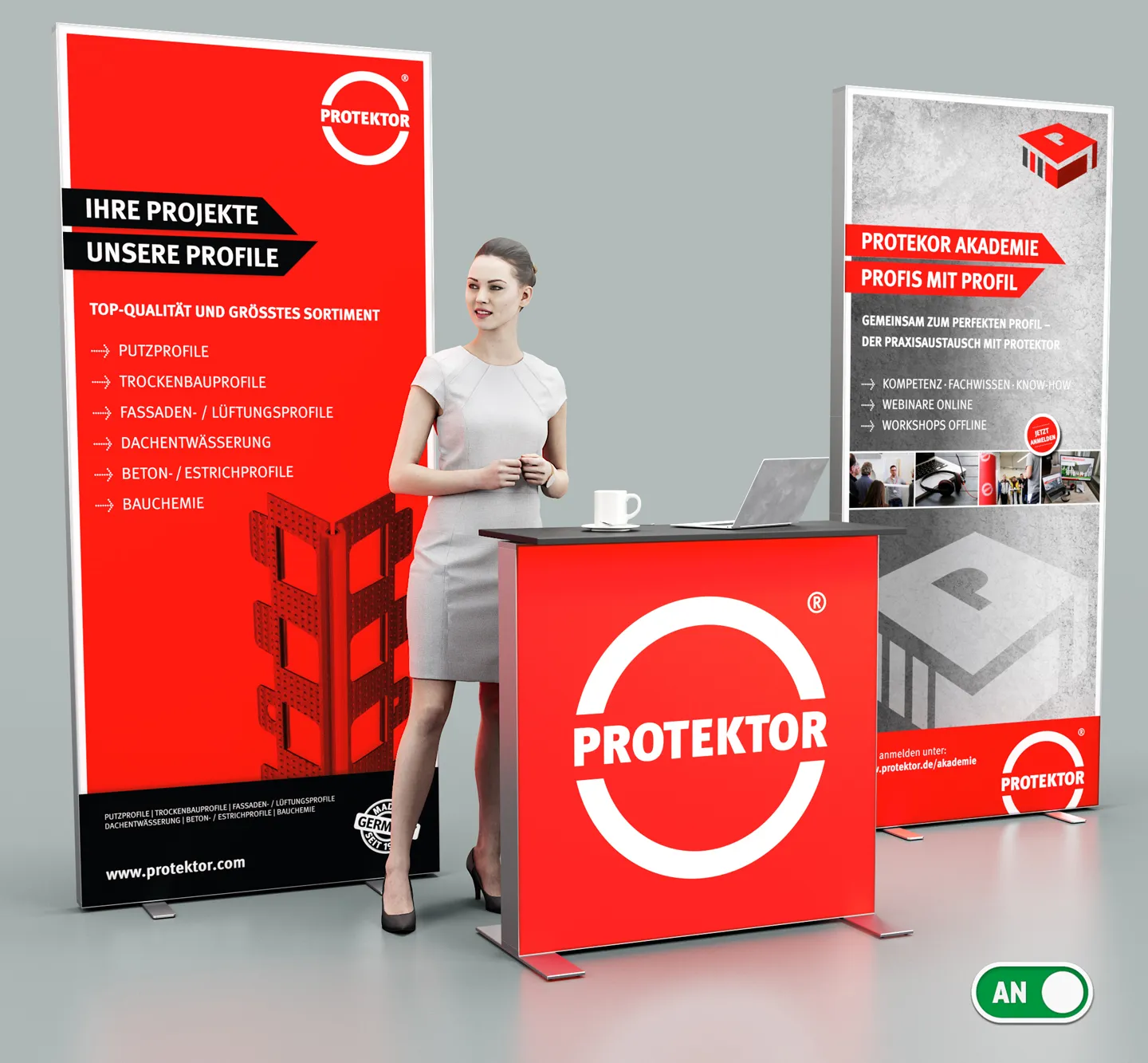 Frau am Protektor-Messestand mit Werbebannern.