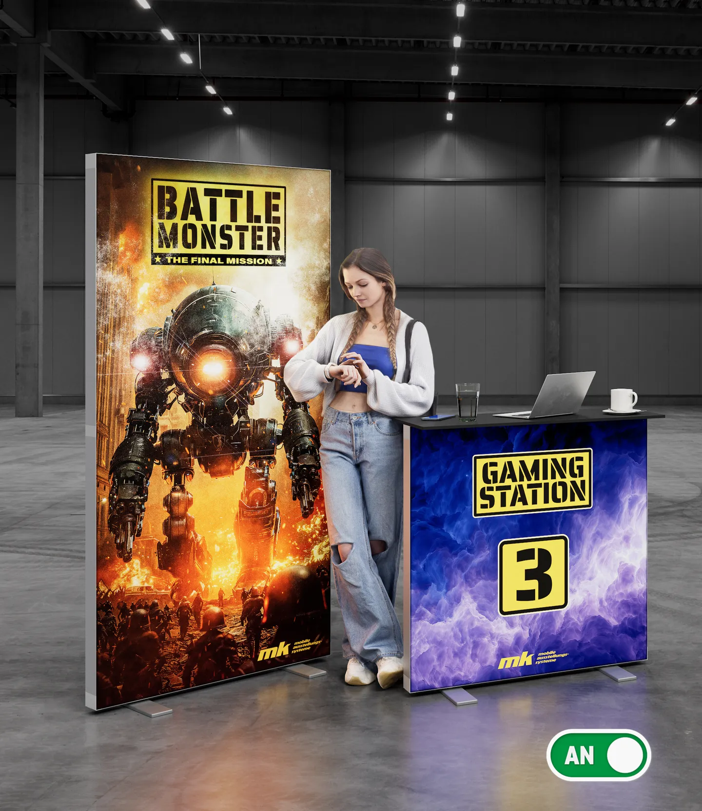 Leuchtende Messetheke "Lightbox Counter Fold" und LED-Wand "Lightbox Fold" mit Gaming-Grafiken.