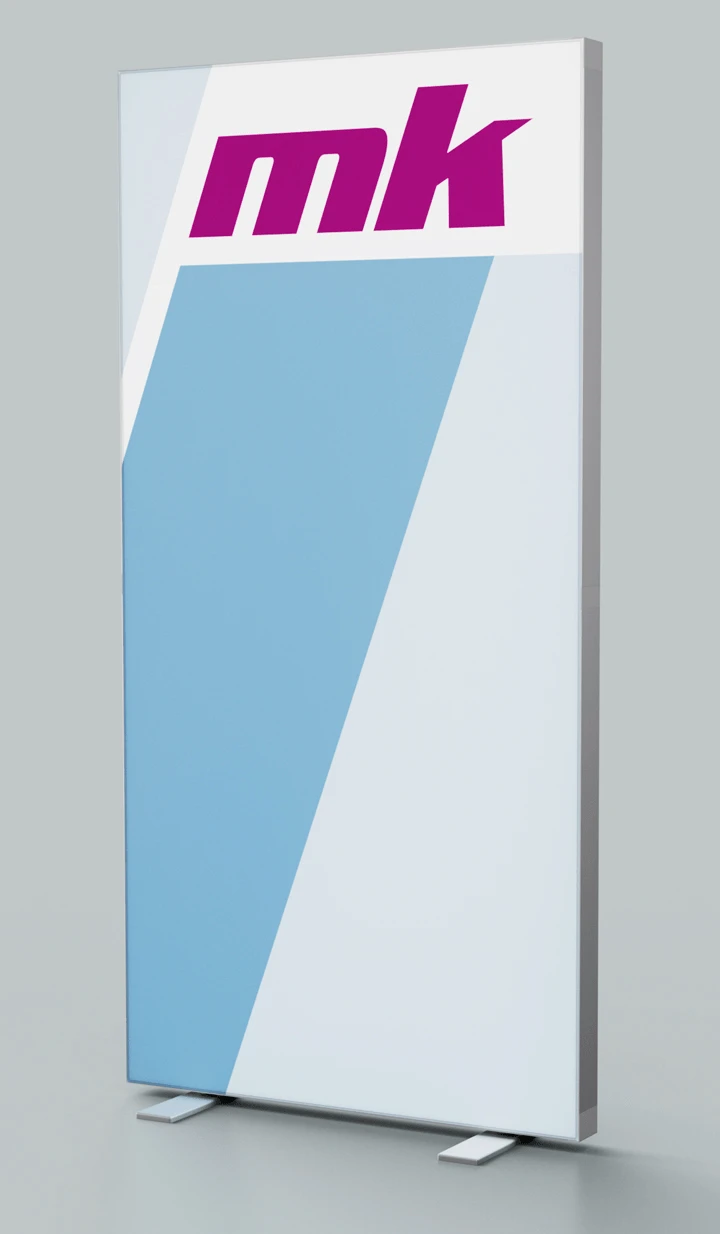 Werbeschild mit Logo 'mk'