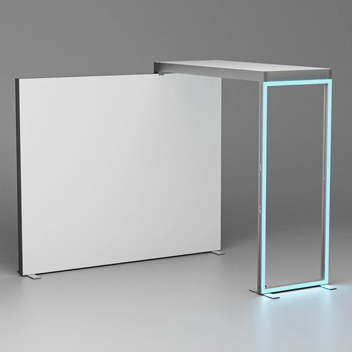 Moderner Messestand mit LED-Rahmen und weißer Rückwand.