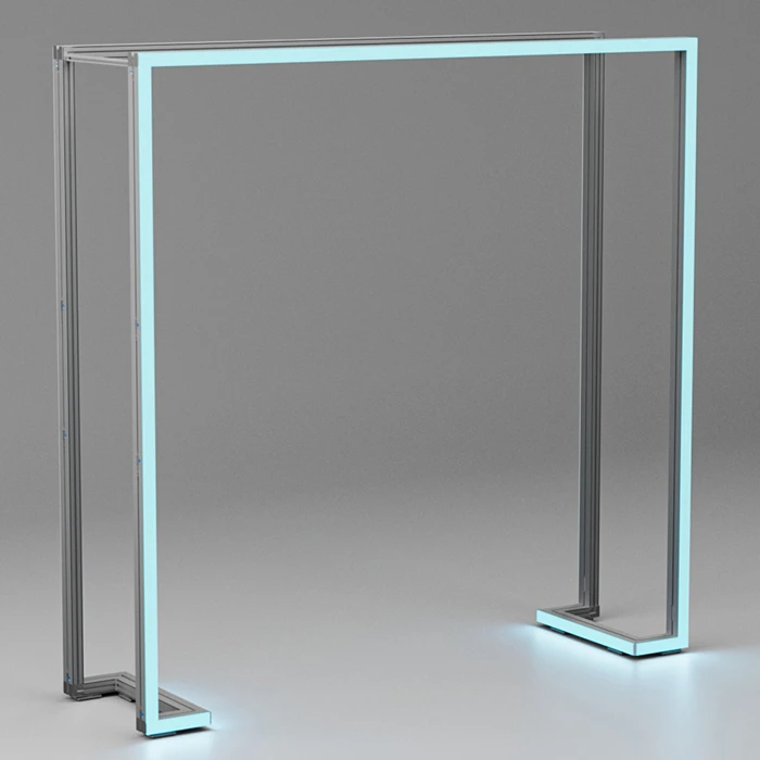 Silberner Metallrahmen mit leuchtenden hellblauen LED-Kanten.