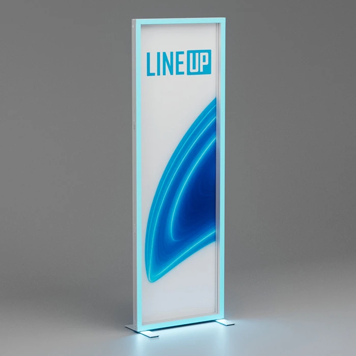 Beleuchtetes Werbedisplay LINE UP mit blauem geschwungenem Design