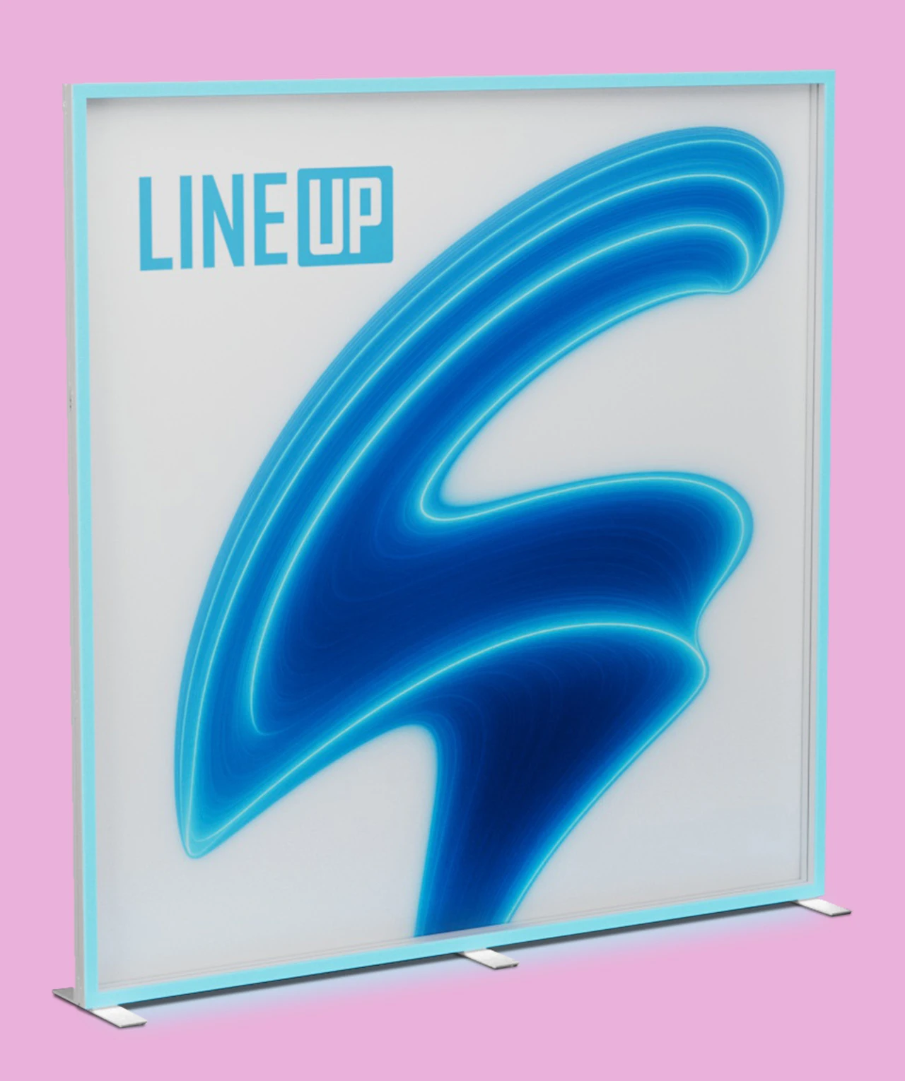 Weißes Werbebanner mit blauem LINE UP Logo und abstrakter Grafik.