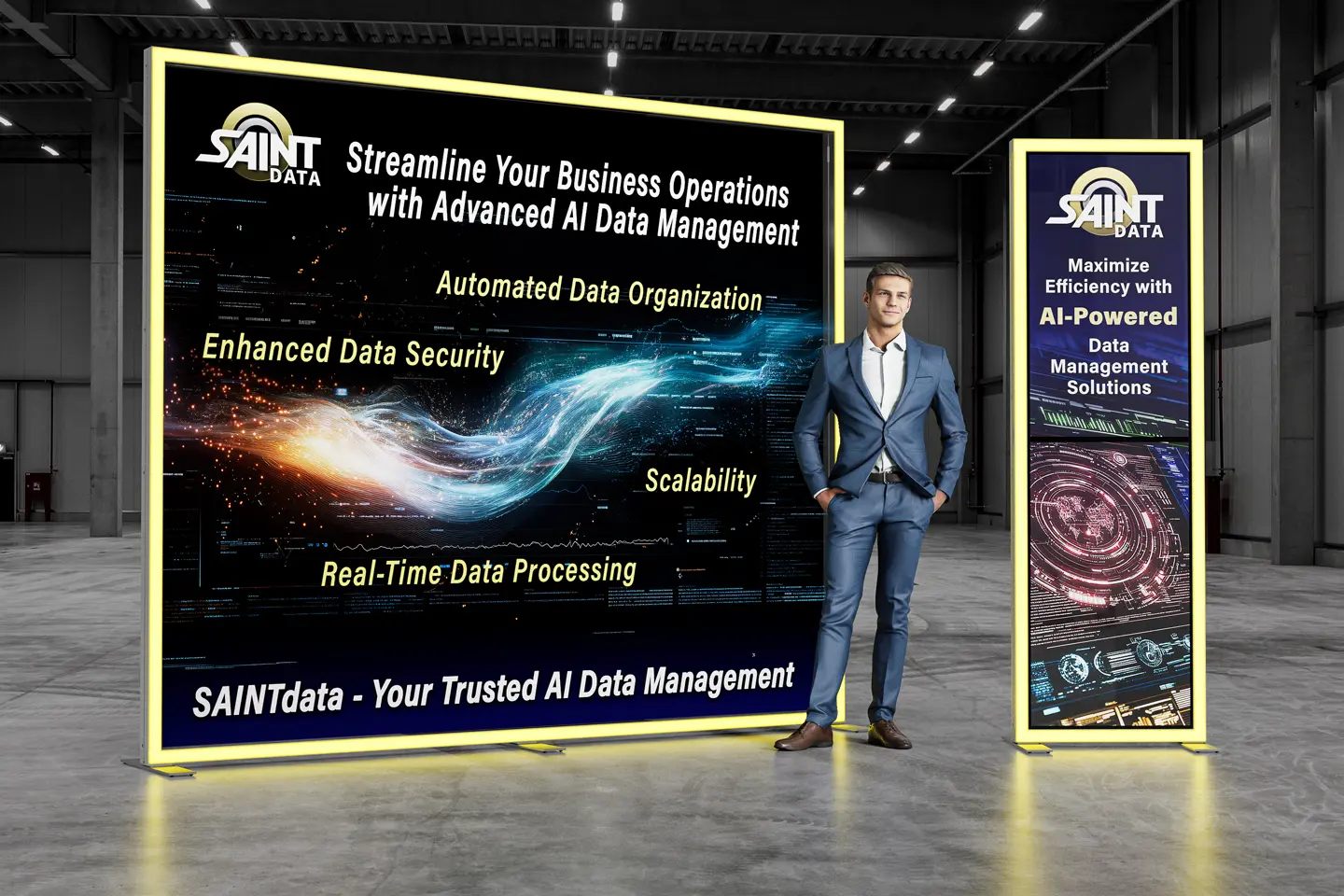 Werbedisplays für SAINT Data KI-Datenmanagement mit Geschäftsmann im Lager.