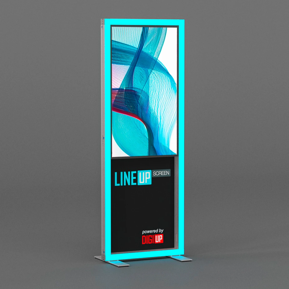 Digitales Display-Terminal mit leuchtend blauem Rahmen.