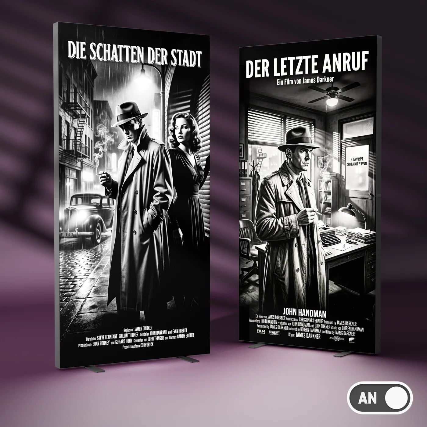 Zwei beleuchtete Film-Noir-Plakate in Schwarz-Weiß auf lila Hintergrund.
