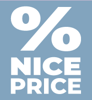 Weißes Prozentzeichen und 'NICE PRICE' Text auf hellblauem Hintergrund.