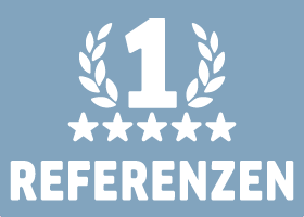 Weißes Referenzen-Icon mit einer Eins, Lorbeerkranz und fünf Sternen.