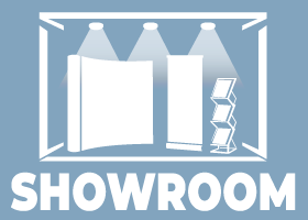 Illustration eines Messestands mit dem Schriftzug Showroom