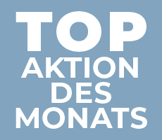 Weißer Schriftzug 'TOP AKTION DES MONATS' auf blauem Hintergrund.